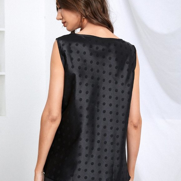 New Polka Dot Jacquard Draped Collar Satin Blouse Black - Picture 5 of 5